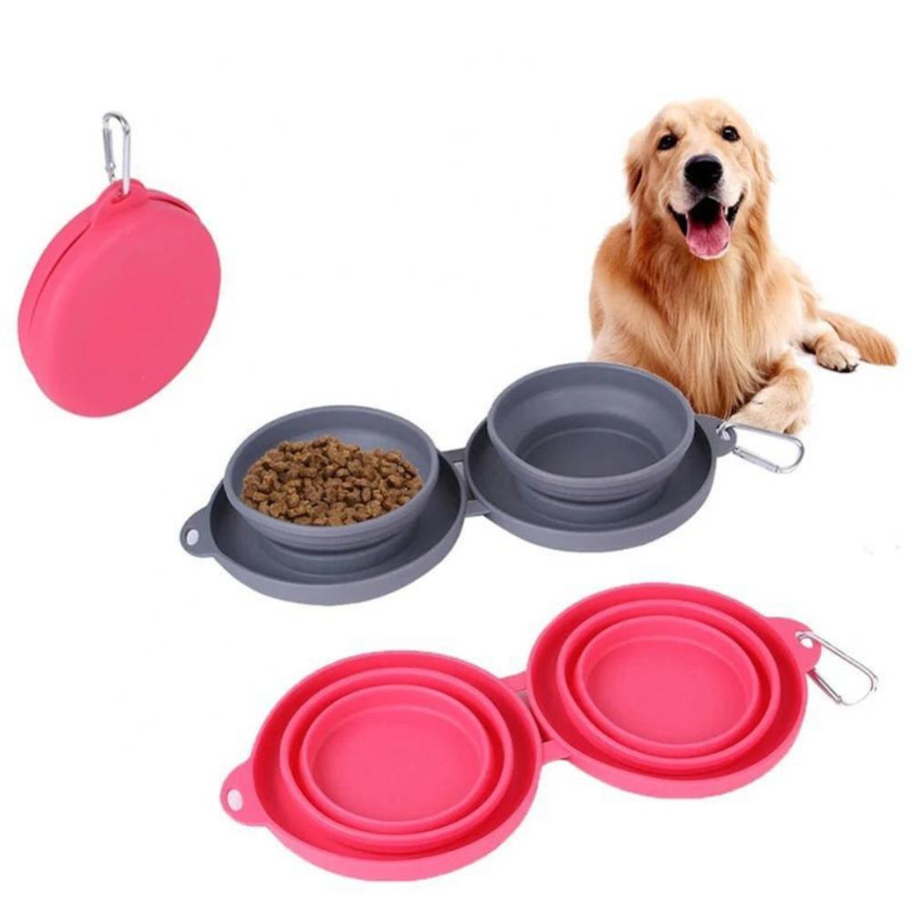 Rubber Foldable Double Pet Bowl for Dogs and Cats. Food and Water Travel