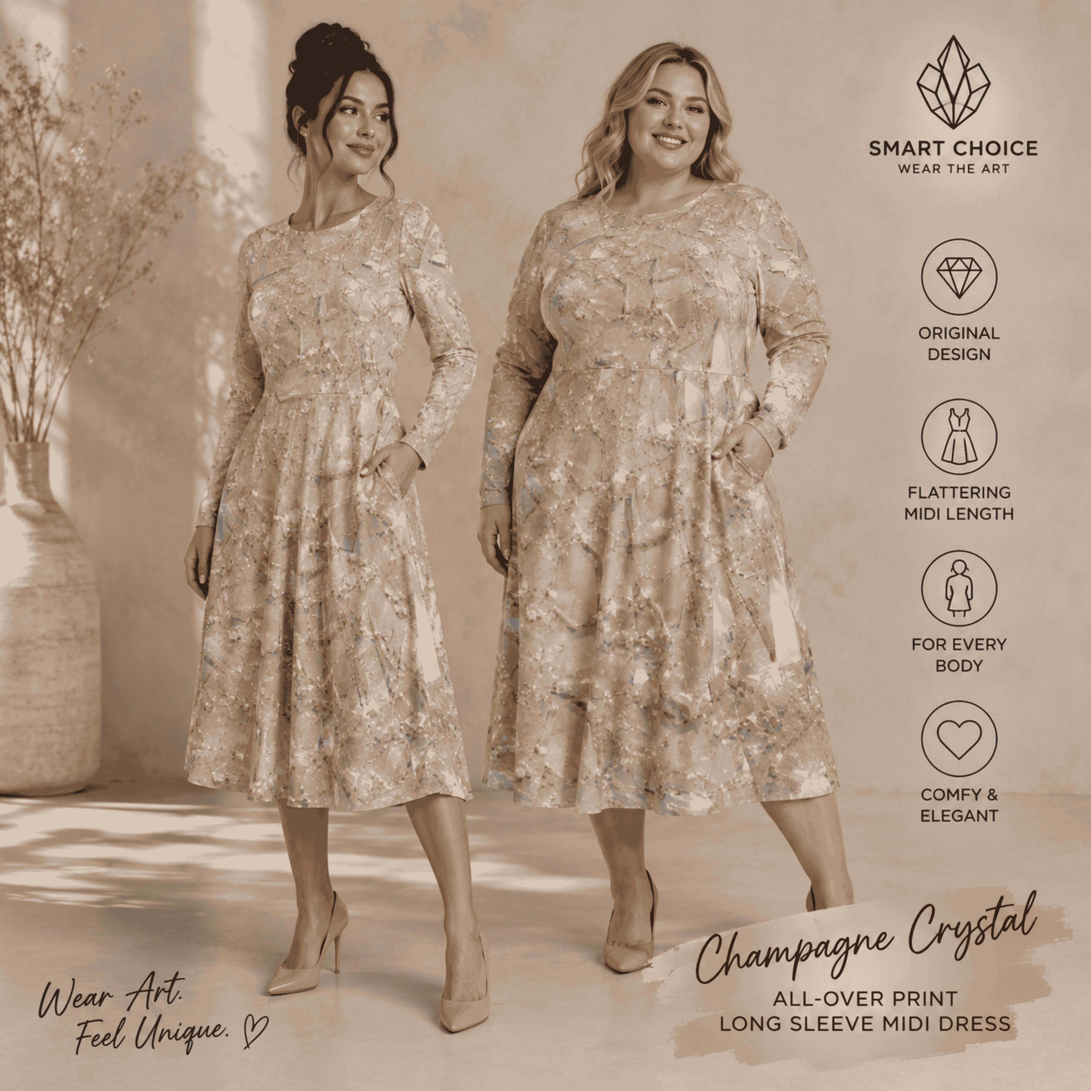 Women's Long Sleeve Midi Dress – Champagne Crystal All-Over Print