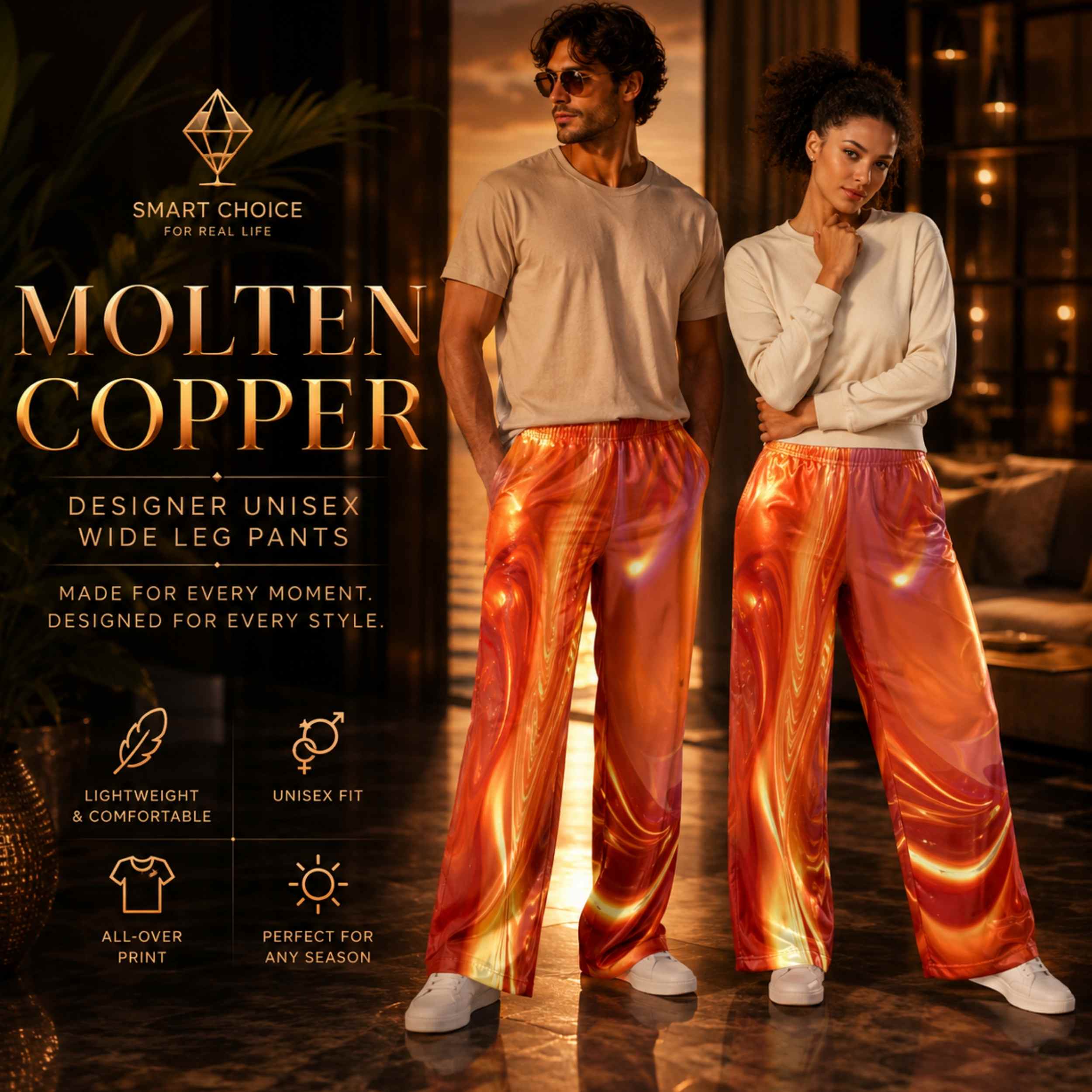 Unisex Wide Leg Pants – Molten Copper All-Over Print