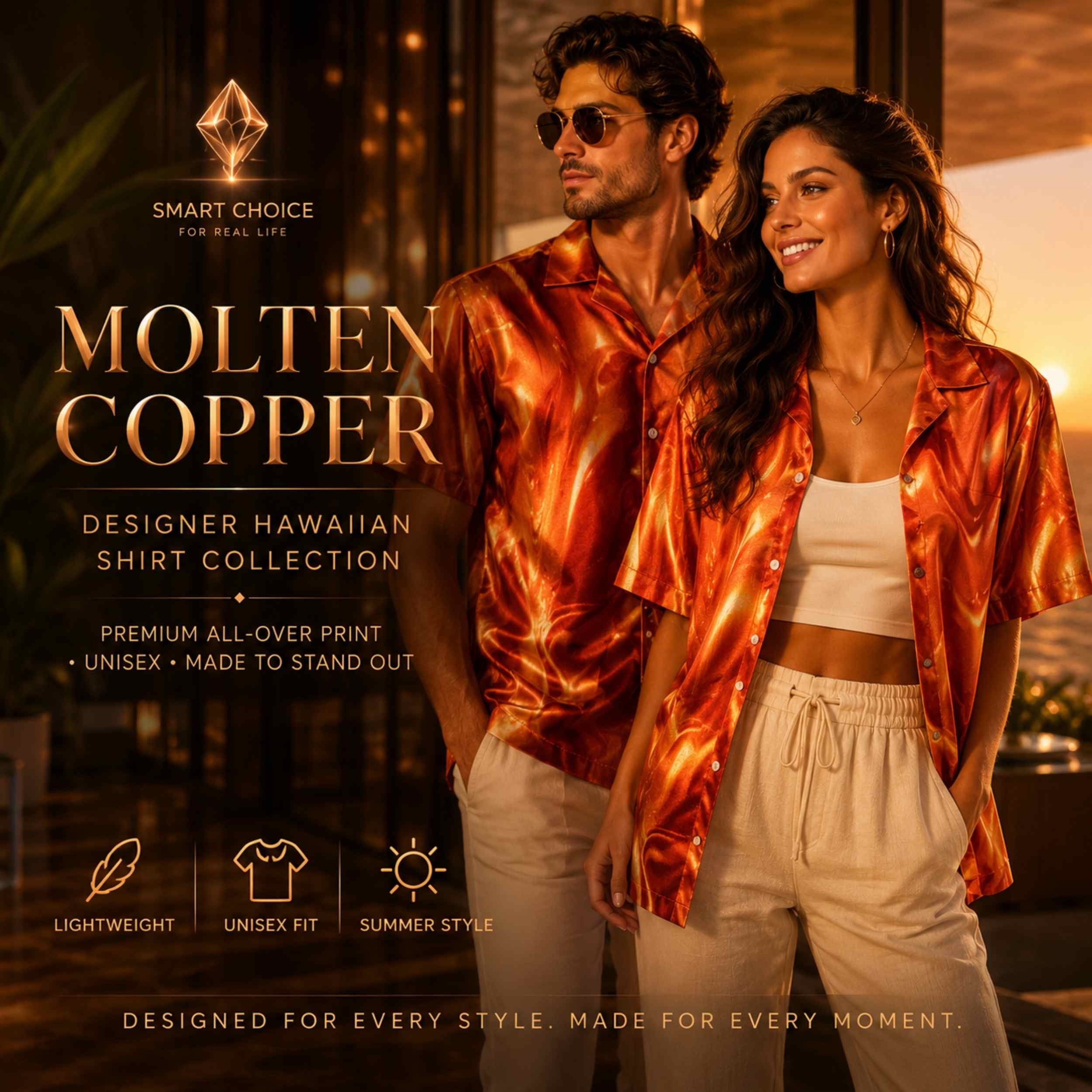 Molten Copper Unisex Hawaiian Button-Up Shirt | Luxury All-Over Print Designer Shirt