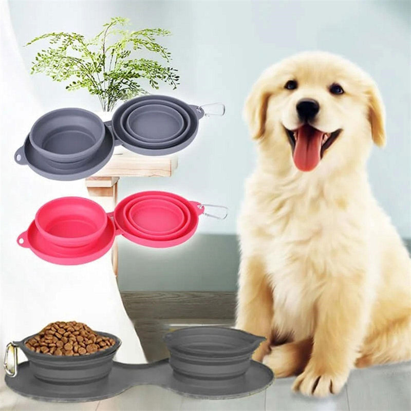 Rubber Foldable Double Pet Bowl for Dogs and Cats. Food and Water Travel