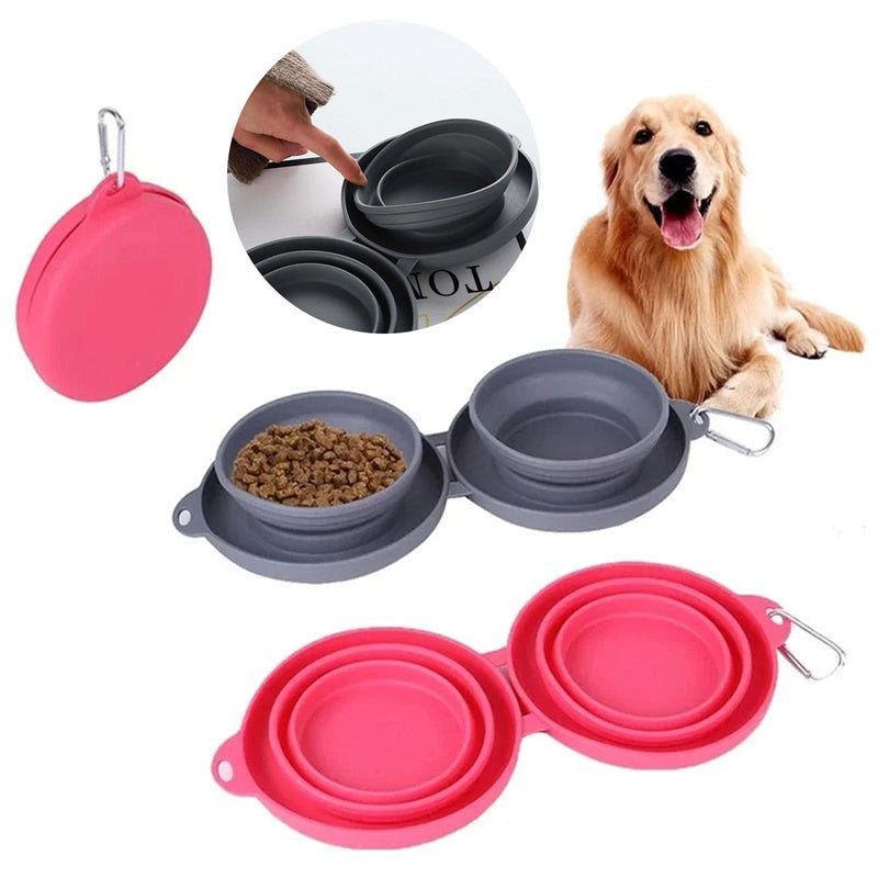 Rubber Foldable Double Pet Bowl for Dogs and Cats. Food and Water Travel