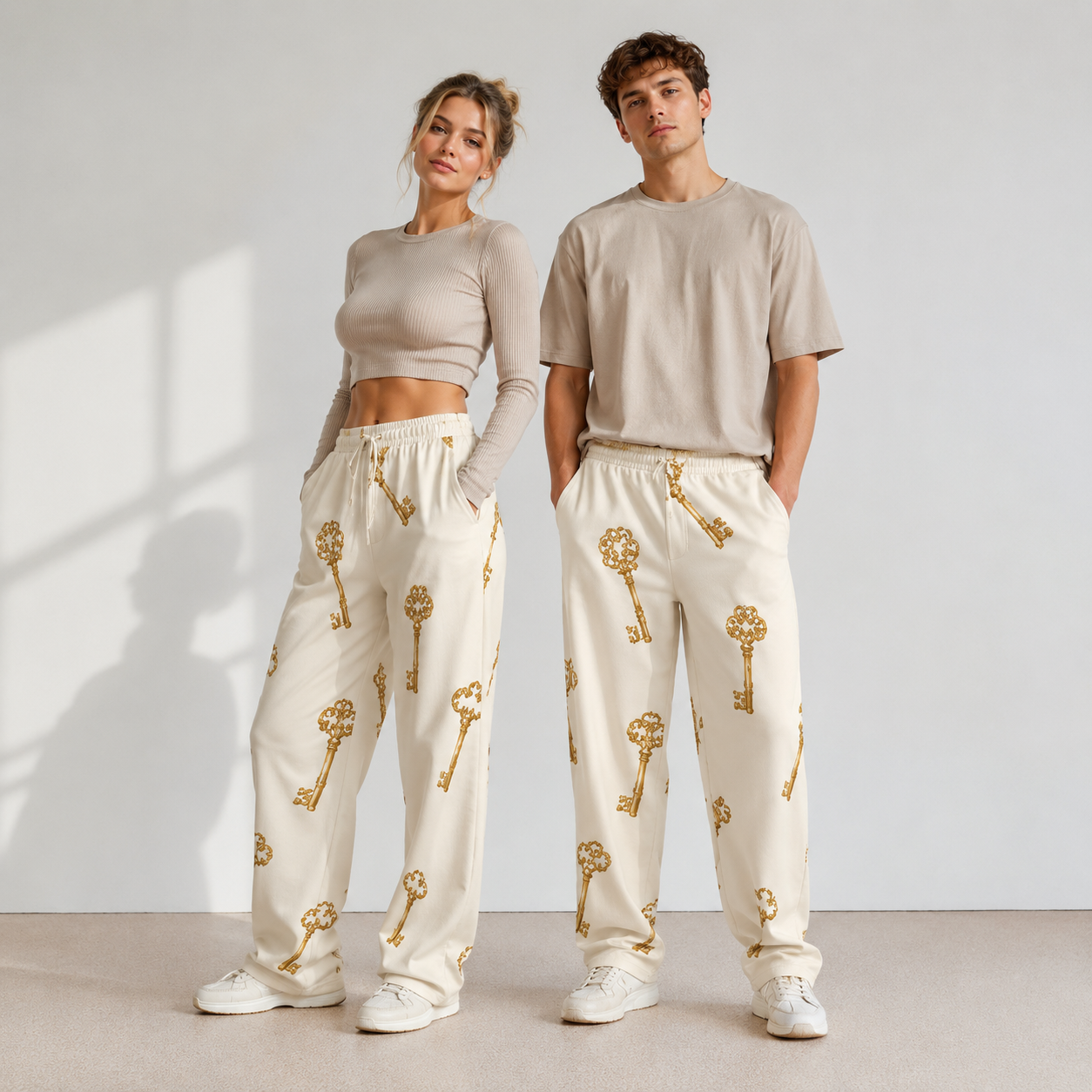 Vintage Golden Keys Pattern Unisex Wide-Leg Pants