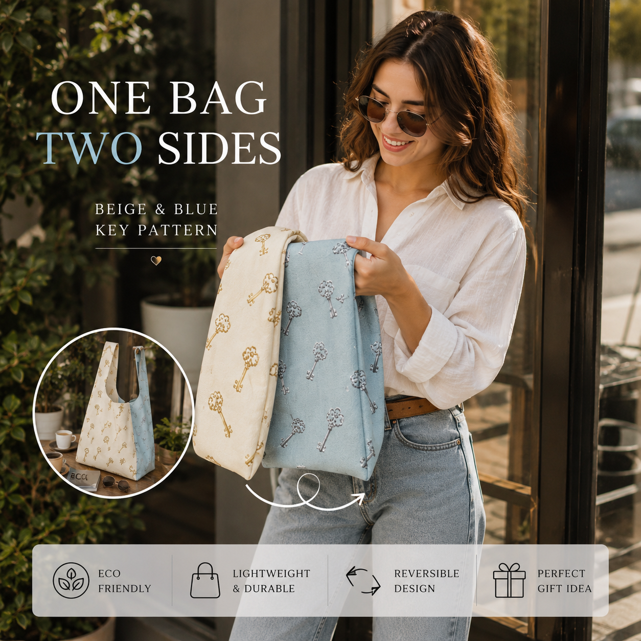 TITLE  Vintage Key Pattern Reusable Shopping Bag