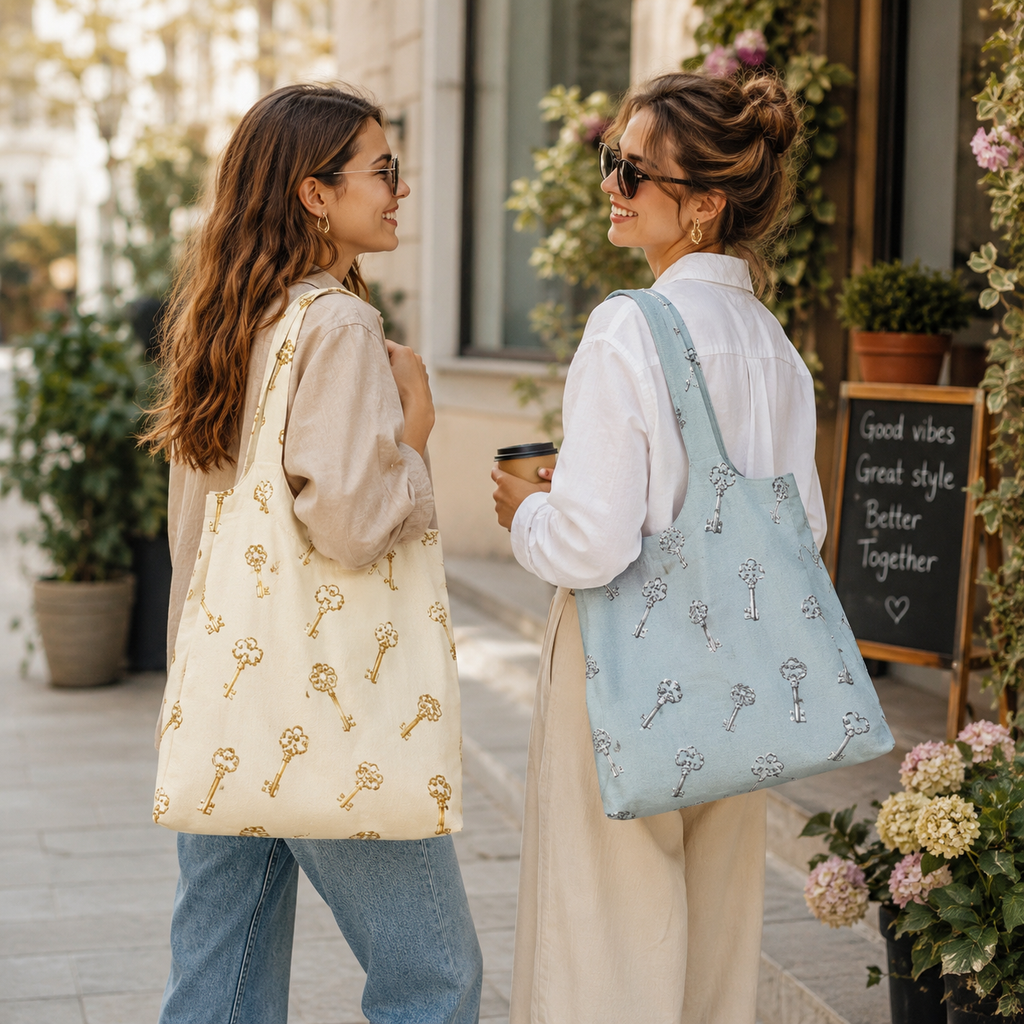 TITLE  Vintage Key Pattern Reusable Shopping Bag
