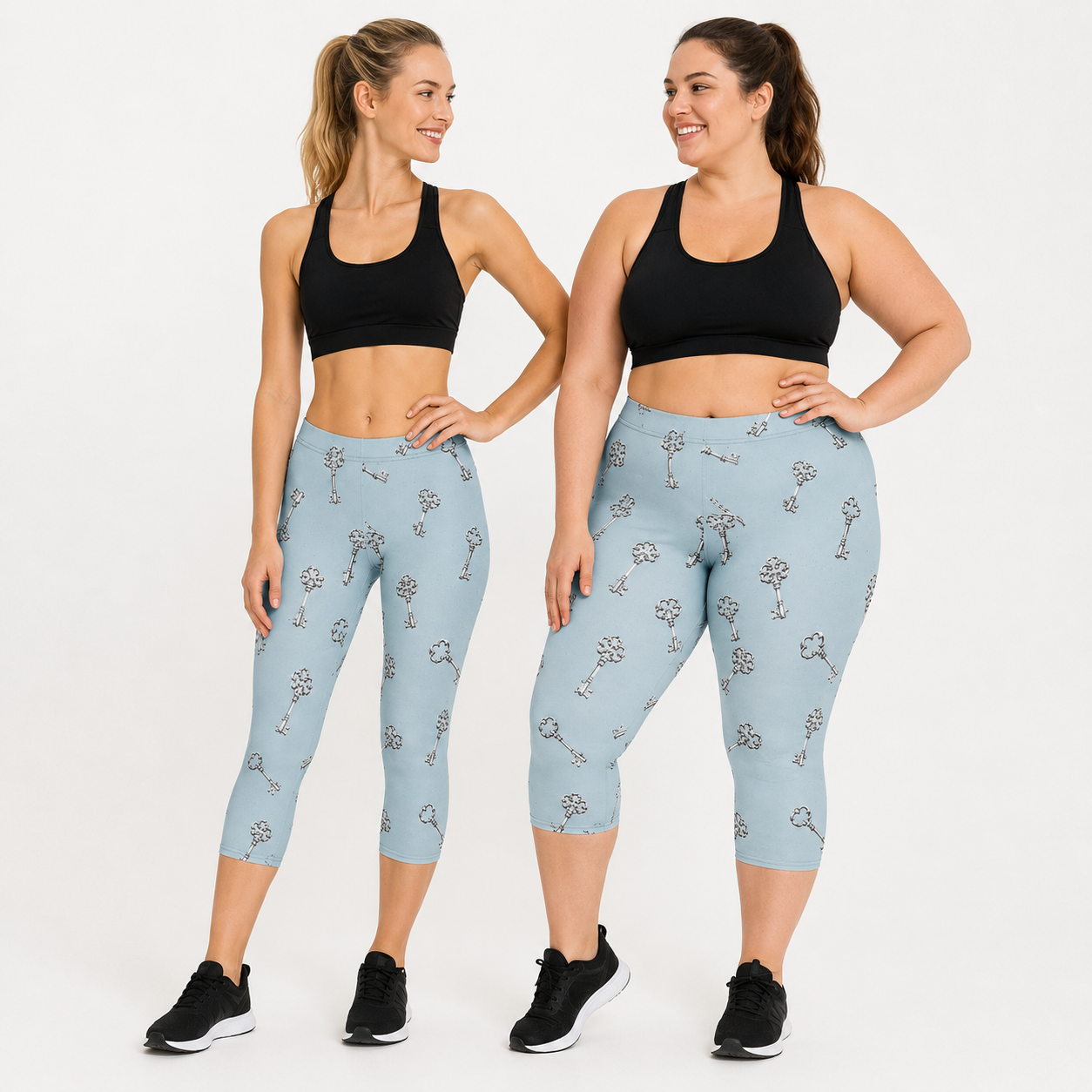 Silver Key Capri Leggings – Stylish All-Over Print Women's Capri Leggings