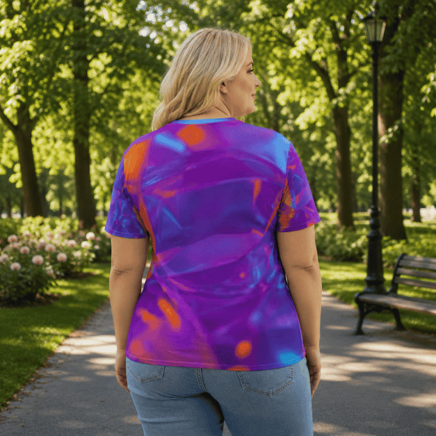 Back view of a woman wearing a vibrant geometric graphic T-shirt with colorful abstract purple, blue, and orange design, casual outdoor style.