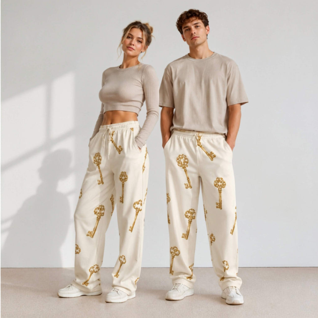 Vintage Golden Keys Pattern Unisex Wide-Leg Pants
