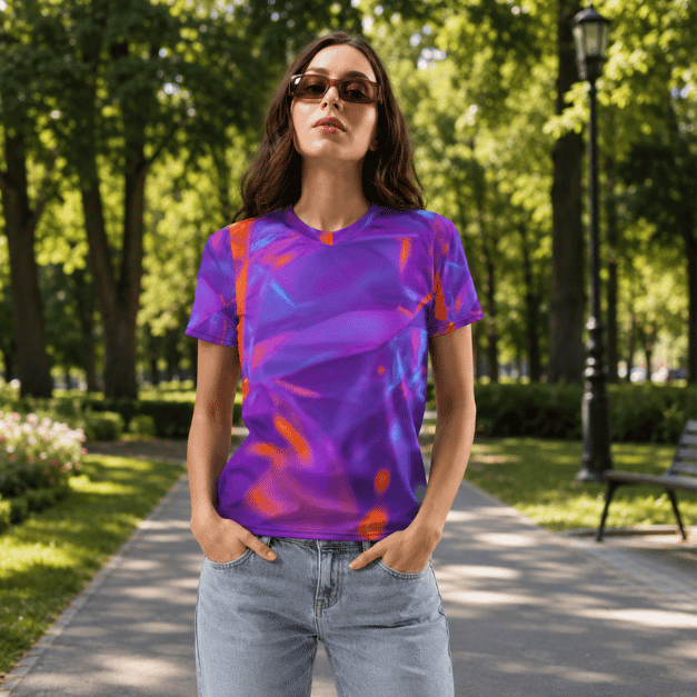 Woman wearing a vibrant geometric graphic T-shirt with colorful abstract purple, blue, and orange design, front view, casual outdoor style.